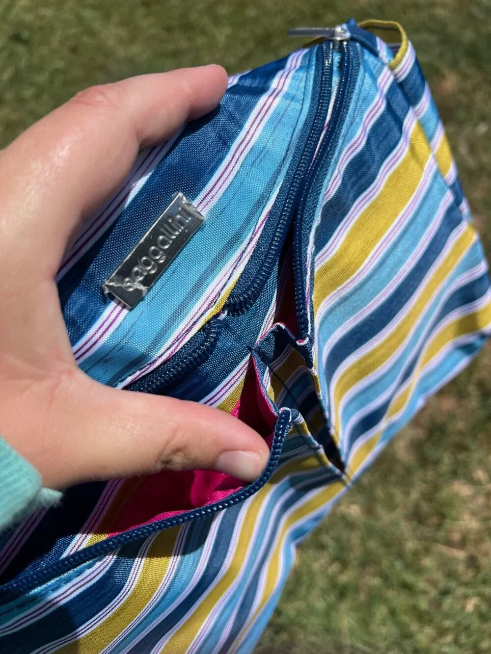 BNWT Baggallini Blue Green Striped Shoulder Strap Crossbody Purse w/Pink Liner